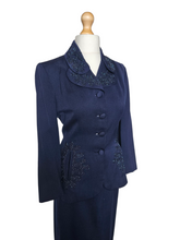 Load image into Gallery viewer, 1940s Navy Blue Gabardine Beaded Double Collar Suit
