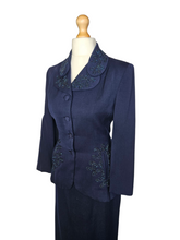 Load image into Gallery viewer, 1940s Navy Blue Gabardine Beaded Double Collar Suit
