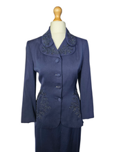 Load image into Gallery viewer, 1940s Navy Blue Gabardine Beaded Double Collar Suit
