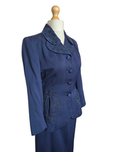 Load image into Gallery viewer, 1940s Navy Blue Gabardine Beaded Double Collar Suit
