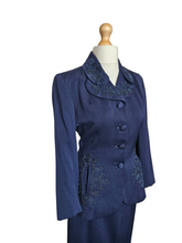 Load image into Gallery viewer, 1940s Navy Blue Gabardine Beaded Double Collar Suit
