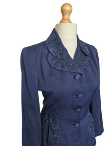 1940s Navy Blue Gabardine Beaded Double Collar Suit