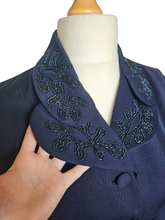Load image into Gallery viewer, 1940s Navy Blue Gabardine Beaded Double Collar Suit
