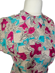 1940s Pink, Blue, Black and White Novelty Print Blouse