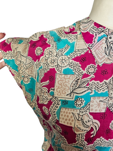 1940s Pink, Blue, Black and White Novelty Print Blouse