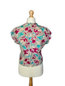 1940s Pink, Blue, Black and White Novelty Print Blouse