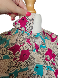 1940s Pink, Blue, Black and White Novelty Print Blouse