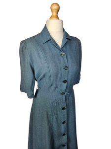 1940s CC41 Dusky Blue Wool Button Dress