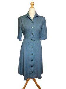 1940s CC41 Dusky Blue Wool Button Dress