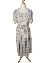 Load image into Gallery viewer, 1940s Off White Pink, Blue and Yellow Stripe Milkmaid Style Dress
