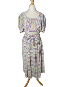1940s Off White Pink, Blue and Yellow Stripe Milkmaid Style Dress