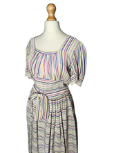 Load image into Gallery viewer, 1940s Off White Pink, Blue and Yellow Stripe Milkmaid Style Dress
