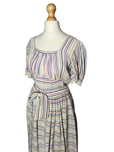 1940s Off White Pink, Blue and Yellow Stripe Milkmaid Style Dress