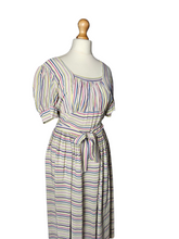 Load image into Gallery viewer, 1940s Off White Pink, Blue and Yellow Stripe Milkmaid Style Dress
