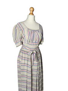 1940s Off White Pink, Blue and Yellow Stripe Milkmaid Style Dress