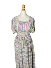 Load image into Gallery viewer, 1940s Off White Pink, Blue and Yellow Stripe Milkmaid Style Dress
