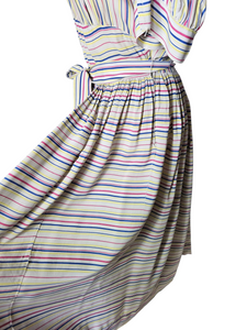 1940s Off White Pink, Blue and Yellow Stripe Milkmaid Style Dress