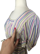 Load image into Gallery viewer, 1940s Off White Pink, Blue and Yellow Stripe Milkmaid Style Dress

