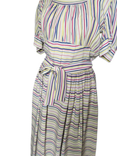 Load image into Gallery viewer, 1940s Off White Pink, Blue and Yellow Stripe Milkmaid Style Dress
