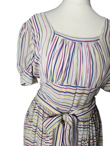 1940s Off White Pink, Blue and Yellow Stripe Milkmaid Style Dress
