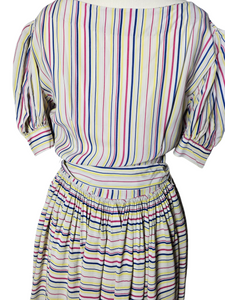 1940s Off White Pink, Blue and Yellow Stripe Milkmaid Style Dress