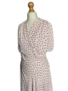 1940s White Dress With Red Clover Print