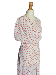 1940s White Dress With Red Clover Print