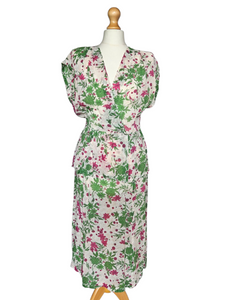 1940s Sheer Green and Fuschia Pink Peplum Dress