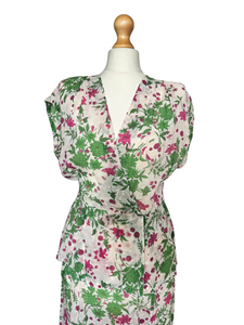 1940s Sheer Green and Fuschia Pink Peplum Dress