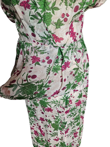 1940s Sheer Green and Fuschia Pink Peplum Dress