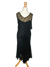 Load image into Gallery viewer, 1920s Black Lace Dipped Hem Dress With Faux Cape
