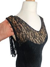 Load image into Gallery viewer, 1920s Black Lace Dipped Hem Dress With Faux Cape
