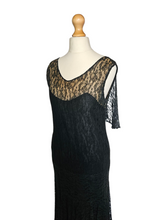 Load image into Gallery viewer, 1920s Black Lace Dipped Hem Dress With Faux Cape
