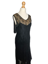 Load image into Gallery viewer, 1920s Black Lace Dipped Hem Dress With Faux Cape
