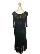 Load image into Gallery viewer, 1920s Black Lace Dipped Hem Dress With Faux Cape

