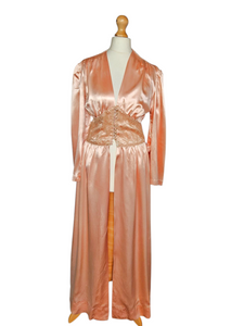 1940s Peach Pink Satin and Lace Dressing Gown