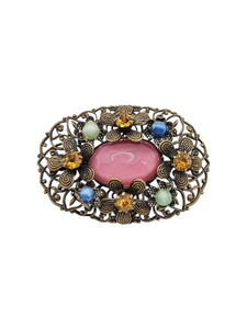 1930s Czech Pink Glass Filigree Brooch