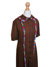 Load image into Gallery viewer, 1940s Brown And Rainbow Ribbon Dress With Peter Pan Collar
