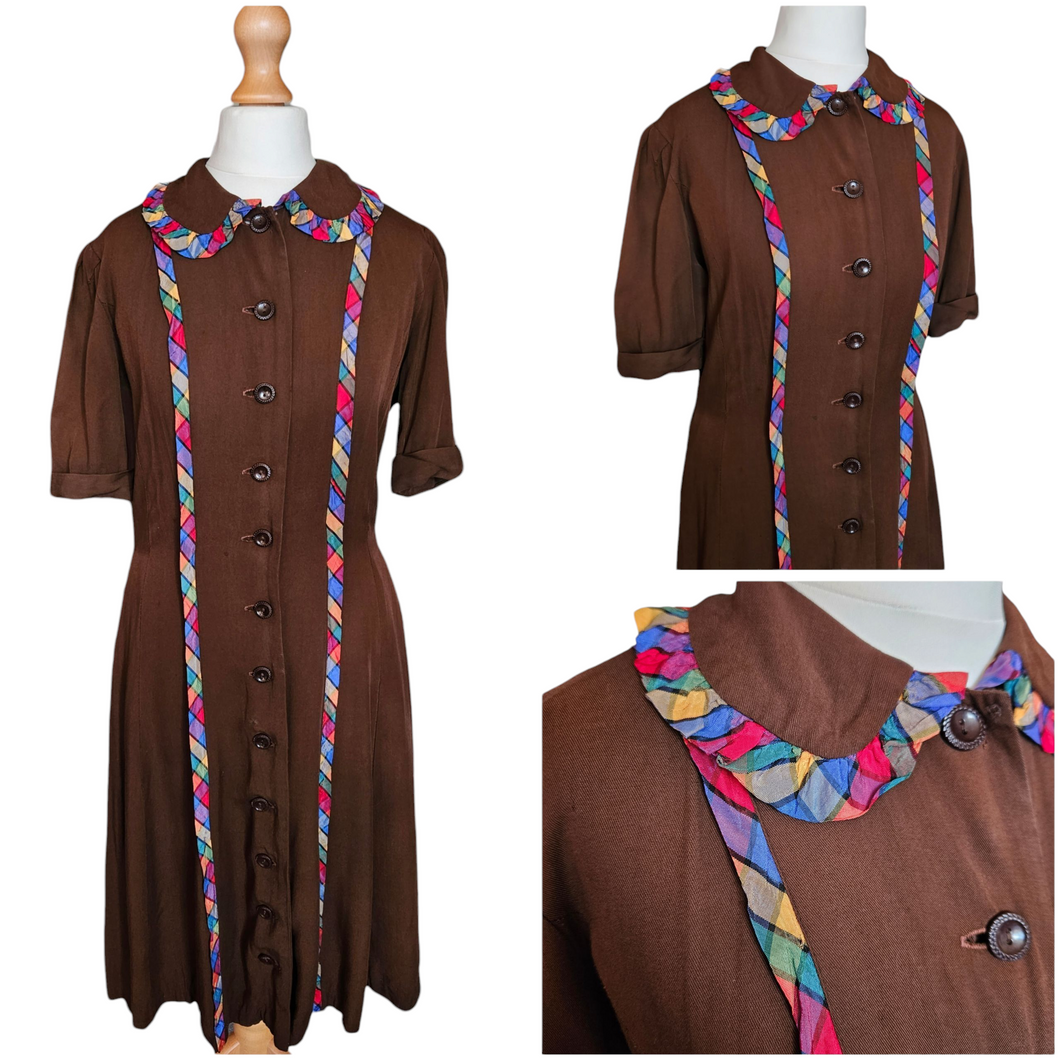 1940s Brown And Rainbow Ribbon Dress With Peter Pan Collar