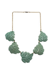 1930s Green/Blue Carved Galalith Leaf Necklace