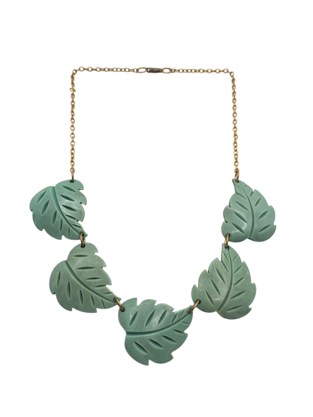 1930s Green/Blue Carved Galalith Leaf Necklace