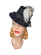 Load image into Gallery viewer, 1940s Amazing Black Heart Shape Topper Hat With Blue/Grey Feather

