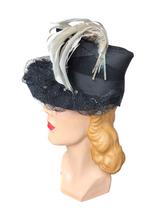 Load image into Gallery viewer, 1940s Amazing Black Heart Shape Topper Hat With Blue/Grey Feather
