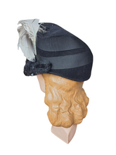 Load image into Gallery viewer, 1940s Amazing Black Heart Shape Topper Hat With Blue/Grey Feather
