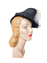 Load image into Gallery viewer, 1940s Amazing Black Heart Shape Topper Hat With Blue/Grey Feather
