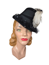 Load image into Gallery viewer, 1940s Amazing Black Heart Shape Topper Hat With Blue/Grey Feather
