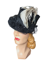Load image into Gallery viewer, 1940s Amazing Black Heart Shape Topper Hat With Blue/Grey Feather
