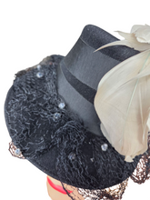 Load image into Gallery viewer, 1940s Amazing Black Heart Shape Topper Hat With Blue/Grey Feather
