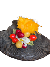 Load image into Gallery viewer, 1930s Black Straw Yellow Feather Fruit Hat
