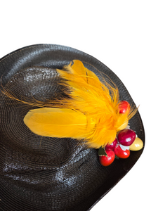 1930s Black Straw Yellow Feather Fruit Hat